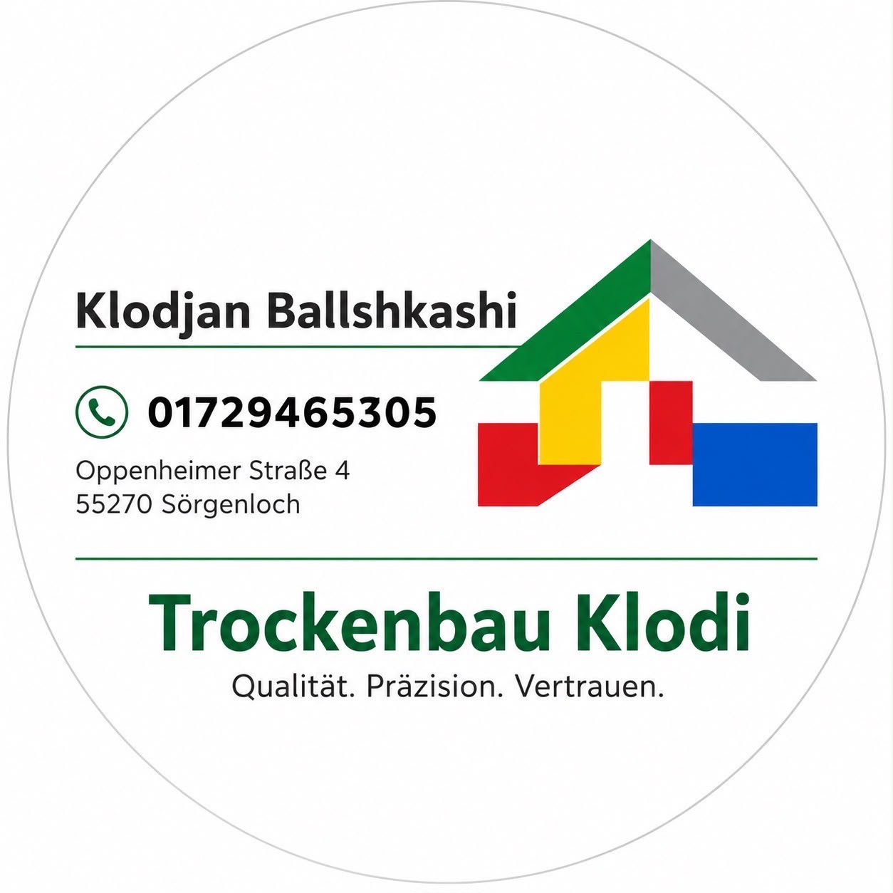 Originale Firmenvorlage von Trockenbau Klodi mit Hausmotiv, Kontaktdaten und Leitsatz